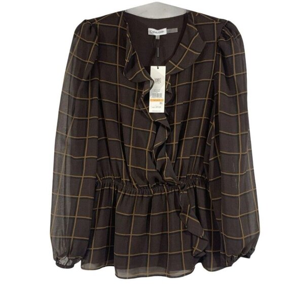 Calvin Klein Woman's Brown Printed Faux Wrap Top Blouse, Size S - Picture 2 of 4